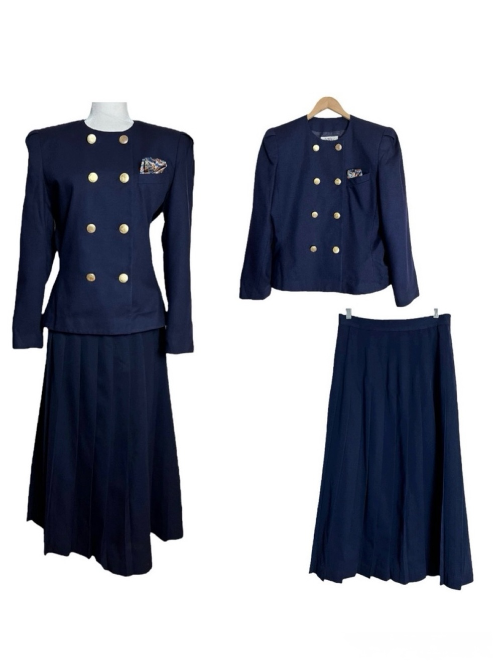 Vintage KASPER for ASL Navy Blue Wool Blazer Skirt Suit Set Size 12